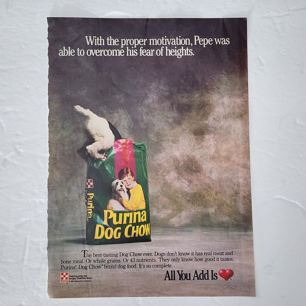 Vintage Print Ad Purina Dog Chow Pepe black white climbing in bag clipping 1990